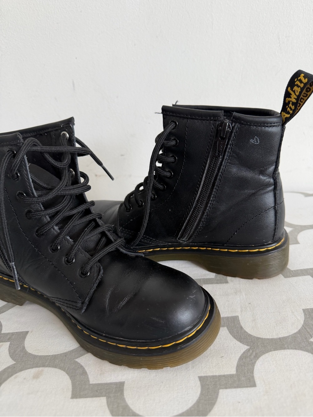 Dr. Martens Black Leather Lace-Up Combat Boots with Yellow Stitching